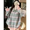 Cárdigan de estilo coreano con cuello de botón de cuerno, suéter pullover a rayas de bloques de color, nueva colección otoño/invierno para mujer, tejido de polo de media cremallera