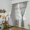 Cortina curta de algodão e linho com estampa de flor de gardênia e franjas, cor de café, semi-transparente, para varão, cortina pronta