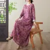 Foto Real de Vestido Largo de Manga Larga Estampado Redondo Holgado Talla Grande de Algodón y Lino para Mujer de Talla Grande, Adecuado para Vacaciones