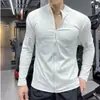 Chaqueta deportiva transfronteriza de nuevo estilo, corte ajustado, cuello alto, sin capucha para hombre, con tejido elástico, de secado rápido y manga larga, adecuada para correr, entrenar y fitness