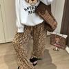 Pijama Solto de Veludo Ilha Estampa de Leopardo de Alta Qualidade para Mulheres Outono e Inverno Calças Casuais Espessas Quentes Calças de Casa Bolsos Duplos