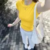 Camiseta amarilla de mujer sin hombros y manga corta, nueva de verano 2026, fina, ajustada, favorecedora, top de cuello redondo estilo dopamina
