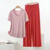 Novo conjunto casual simples de modal para casa, conjunto de duas peças com camiseta de manga curta com amarração e calça pantalona, tamanho grande, corte solto