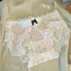 Calcinhas femininas de seda gelada com acabamento em renda de desejo puro estilo retrô francês, forro 100% algodão, laço e bolinhas, calcinhas femininas