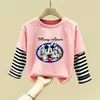Camiseta de Algodão Puro Manga Longa Infantil Média/Grande Primavera e Outono Nova Blusa Solta para Meninas Estampada Desenho Animado de Menina Camada de Base Tendência
