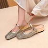 796-19 Sapatos Rasos Femininos com Bico Quadrado, Tecido Trançado, Vazados, Respiráveis, Salto Escondido, Sem Costas, Tira Única, Tamanho Grande, Sapatos Transfronteiriços