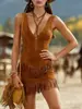 Vestido Occidental de Borlas de Nuevo Estilo Transfronterizo Europeo y Americano, Vestido Corto Ajustado sin Mangas Retro Chica Caliente