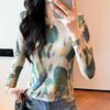 Camiseta de Manga Larga con Estampado Difuminado de Nuevo Estilo Otoño e Invierno para Mujer, Moderna y Única, Efecto Adelgazante, Estilo Occidental, Camiseta Interior de Alta Elasticidad, Tendencia