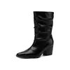 Botas de tornozelo plissadas estilosas e minimalistas estilo britânico de 6,5 cm, nova coleção outono/inverno 206, bico fino, salto grosso, botas de moda slip-on para mulheres