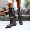 Botas de Calça Europeias e Americanas Apontadas com Salto Grosso de Manga para Comércio Exterior Transfronteiriço 2025 Outono Novo Tamanho Grande Salto Médio Botas Altas para Mulheres