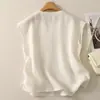 Nuevo top tipo chaleco de algodón y lino, una camisa de verano ligera y casual con escote en V, corte holgado y efecto adelgazante, y es sin mangas
