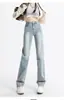 Jeans Rectos Lavados de Color Claro para Mujer 2025 Primavera y Otoño Nuevos Talla Grande Cintura Alta Sueltos Pierna Ancha Ajustados Tipo Cigarrillo