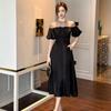 Vestido Longo Elegante Estilo Hepburn 2026 Verão Nova Moda Feminina Social Cintura Marcada Saia Rodada Preto 21348