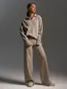 Traje de suéter con solapa de color liso transfronterizo conjunto de dos piezas de suéter de punto estilo europeo y americano pantalones rectos de pierna ancha