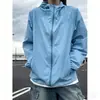 Roupa de Proteção Solar com Painéis de Malha Azul Claro para Homens, Jaqueta Leve e Respirável com Capuz para o Verão, Jaqueta de Secagem Rápida Estilo Retrô Americano