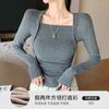 Camiseta de Manga Larga con Cuello Cuadrado para Uso a Principios de Otoño Top para Mujer Nuevo Estilo Caliente 2025 Camisa Holgada en la Cintura para Capas