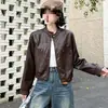 Chaqueta corta de cuero de otoño nueva estilo coreano hecha a medida para mujer, con cuello alto y cremallera, una chaqueta de cuero moderna y casual, prenda exterior corta para mujer