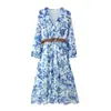 Vestido Feminino Longo Estampado com Cinto, Estilo Europeu e Americano, Moderno, Versátil, Estilo de Férias