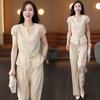 Traje de Mujer Moderno y Elegante 2025 Verano Nuevo Estilo Elegante Adelgazante Cuello en V Manga Corta Top Pantalón de Pierna Ancha Conjunto de Dos Piezas Trendy