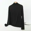 Camiseta de Manga Longa com Gola Alta Meia-Boca de Modal para Primavera e Outono, Camisa Básica Casual Soltinha, Blusa Plus Size