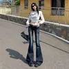 Jeans acampanados de cintura baja estilo americano, nuevo diseño retro elástico ajustado 2026, azul grisáceo de pata de caballo