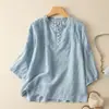 Camisa artística vintage de algodón y lino bordada de manga tres cuartos, conjunto de dos piezas para el verano para madres, top de color liso y pantalones de pierna ancha para mujer