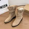 Botas de mezclilla de otoño e invierno hasta la pantorrilla, estilo retro francés, tacón grueso para mujer, botas de moda con hebilla de cinturón, nuevo estilo 2026, estilo western