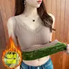 Chaleco Cálido de Terciopelo Grueso para Mujer en Otoño e Invierno con Almohadillas en el Busto, Encaje Cuello en V Camiseta Interior con Tirantes, Tops de Moda para Mujer
