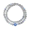 Pulseira de Cristal de Obsidiana e Sândalo Verde Estilo Montanha Putuo Pedra da Lua Cinza Água-Marinha Duplo Círculo Empilhável Hidratante Transferência de Sorte Presente