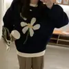 Estilo Preguiçoso Ins Coreano Tricô de Flores Top Feminino Outono Novo Design Solto Nicho Gola Redonda Tricô