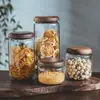 Pote de armazenamento transparente pequeno pote de chá redondo de madeira de acácia para lanche de frutas secas grãos pote de armazenamento selado de vidro