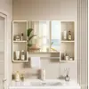Gabinete de espejo curvo para baño con barra para toallas, almacenamiento, espejo de tocador con estante, almacenamiento a prueba de humedad e impermeable