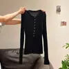 Camiseta Básica de Punto Suave de Manga Larga con Cuello Redondo Negra para Mujer 2025 Estilo Coreano Principios de Otoño Ajustada Top Interior