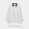 Sudadera con cuello de camisa de retazos a rayas de dos piezas falsas para hombre, estilo primavera y otoño, diseño americano elegante, top casual holgado para adolescentes