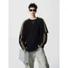 Camiseta de manga longa com sensação solta, corte clean, falsa peça dupla, listras duplas, masculina, outono, gola redonda solta, top de algodão tricotado preto