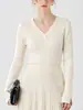Blusa de tricô com gola V de lã de ovelha, cor sólida, manga longa, para mulheres, outono e inverno, seda de amoreira, elegante, quente, camada base