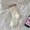 Calcetines miu para mujer, estilo coreano de verano, estilo femenino, con etiqueta de tela y letras, calcetines de algodón hasta la pantorrilla, transpirables, con bloques de color, con bordes enrollados, para otoño
