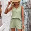 Conjunto de Duas Peças Verão Verde Menta Sem Manga Solto Transfronteiriço Gola V Casual Cor Sólida Botão Decorativo Conjunto Colete Spice Girl