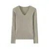Nuevo Jersey de Alta Calidad Otoño/Invierno 6% Lana para Mujer Manga Larga Ajustado Ceñido al Cuerpo Tejido Cuello en V Bodycon Capa Base