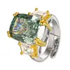 Zhuang Shengsheng Joyería Base de Cobre Chapado en Oro Diamante de Alto Carbono Flor de Hielo Diamante Cuadrado Verde Oscuro Anillo Elegante de Lujo Ligero Retro para Mujeres 12*16