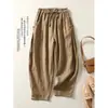 Pantalones cropped de algodón y lino, corte holgado, nuevo estilo primavera/verano, tela fina, tiro alto, diseño retro con botones decorativos y cordones, cintura elástica, pantalones tipo harén casuales para mujer