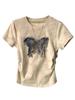 Camiseta de Verano Tie-Dye de Manga Corta con Hombro Descubierto para Mujer Talla Grande Nuevo Estilo Caliente 2025 Diseño de Mariposa Top de Algodón Puro