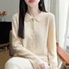 Cardigan de Punto Nuevo Otoño/Invierno 2026 Cuello Polo Lana Pura Manga Larga Crochet Hueco Color Sólido Suéter de Lana