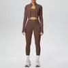 Nuevo Estilo de Cuello Halter Espalda Hermosa Cremallera Exterior Chaqueta Ropa de Yoga Cintura Alta Levanta Glúteos Ajustado Deportes Correr Fitness Conjunto de Tres Piezas