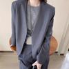 Blazer Casual Simples Cinza de Manga Longa com Decote V para Mulheres Primavera 2025 Roupa de Trabalho Elegante Impecável Petite