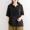 T-shirt de manga curta de cor sólida Verão 2024 Nova camisa pequena solta artística elegante camisa retrô de algodão linho V-neck camisa na moda