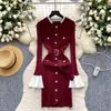 Elegante Vestido de Punto con Bloques de Color Metálicos y Cinturón Estilo Francés para Mujer, Vestido Suéter de Otoño e Invierno