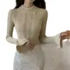 Suéter Tejido Chic para Niña Estilo Francés con Mangas de Campana, Bordado Pesado y Patchwork, Tejido Redondo Moderno e Impresionante para Mujer