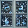 Decoraciones navideñas, pegatinas de vidrio de ciervos nevados de invierno, arreglo de escena para ventana de centro comercial, pegatinas electrostáticas de copo de nieve azul
