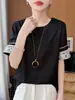 26 Anos de Estilos Novos de Primavera e Verão, Novo Estilo Chinês, Cetim Sedoso Gola Redonda Manga Curta Jacquard Lantejoula Soltinho Camiseta Base